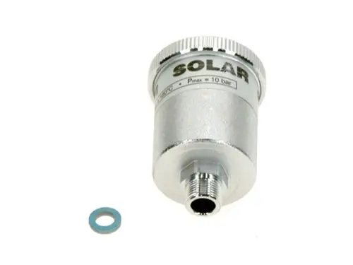 BOSCH Entlüftungsventil in Silber, zylindrische Form mit Anschlussgewinde, begleitet von einer blauen Dichtung. Maximale Druckangabe von 10 bar.